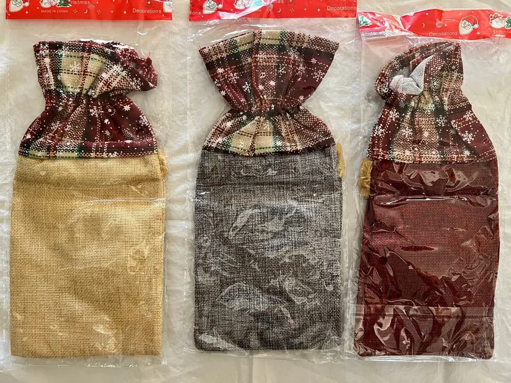 Set of 3 Christmas Bottle Gift Bags Santa Snowman Reindeer Rustic Holiday